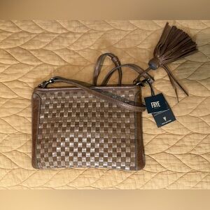 Frye Women's Oriana  Woven Leather Clutch Crossbody Shoulder Bag in Cognac